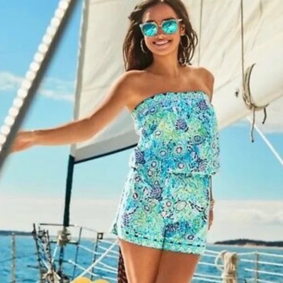 Lilly Pulitzer Rikki Strapless Romper - Blue Ibiza Open Water Engineered  Size S - Picture 1 of 8
